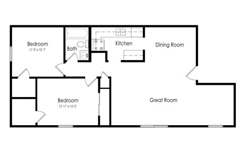 Floor plan for 2 beds, 1 bath, 930 sqft